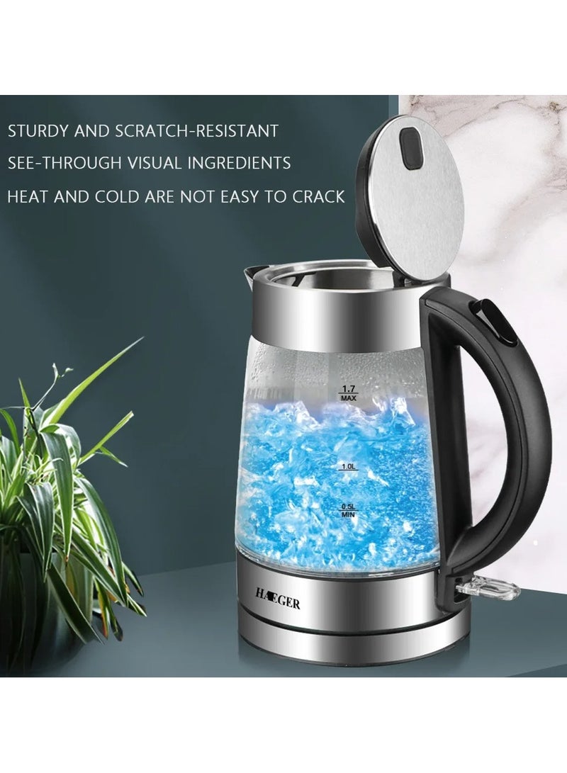 Electric Glass Tea Kettle, 1500W Fast Boil 1.7L with LED Interior, Auto Shut-Off & Boil-Dry Protection