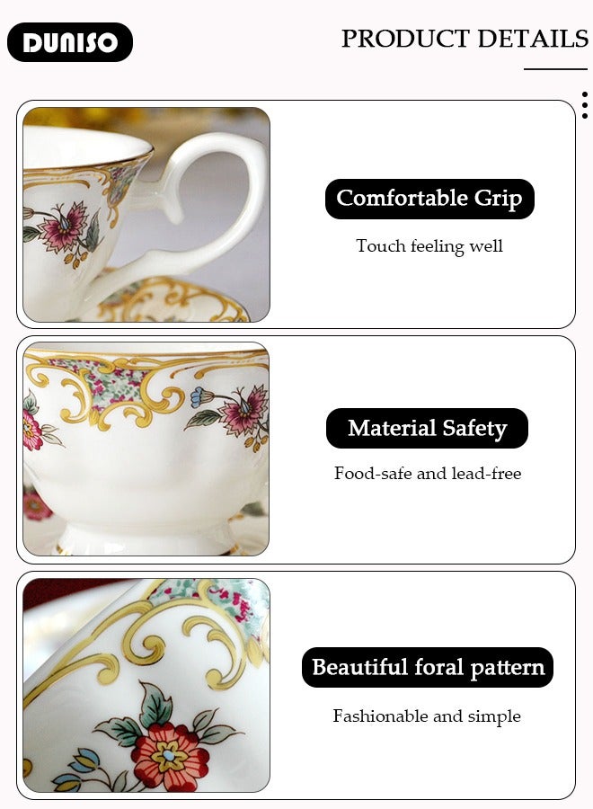 Ceramic Tea Cups and Saucers, European Retro Style Coffee Cups，Bone China Glazed Tea Mugs,  Latte Cups and Espresso Mug for Coffee Drinks and Tea, Kitchen and Living Room Saucers Set,Ceramic Coffee Cup for Office and Home