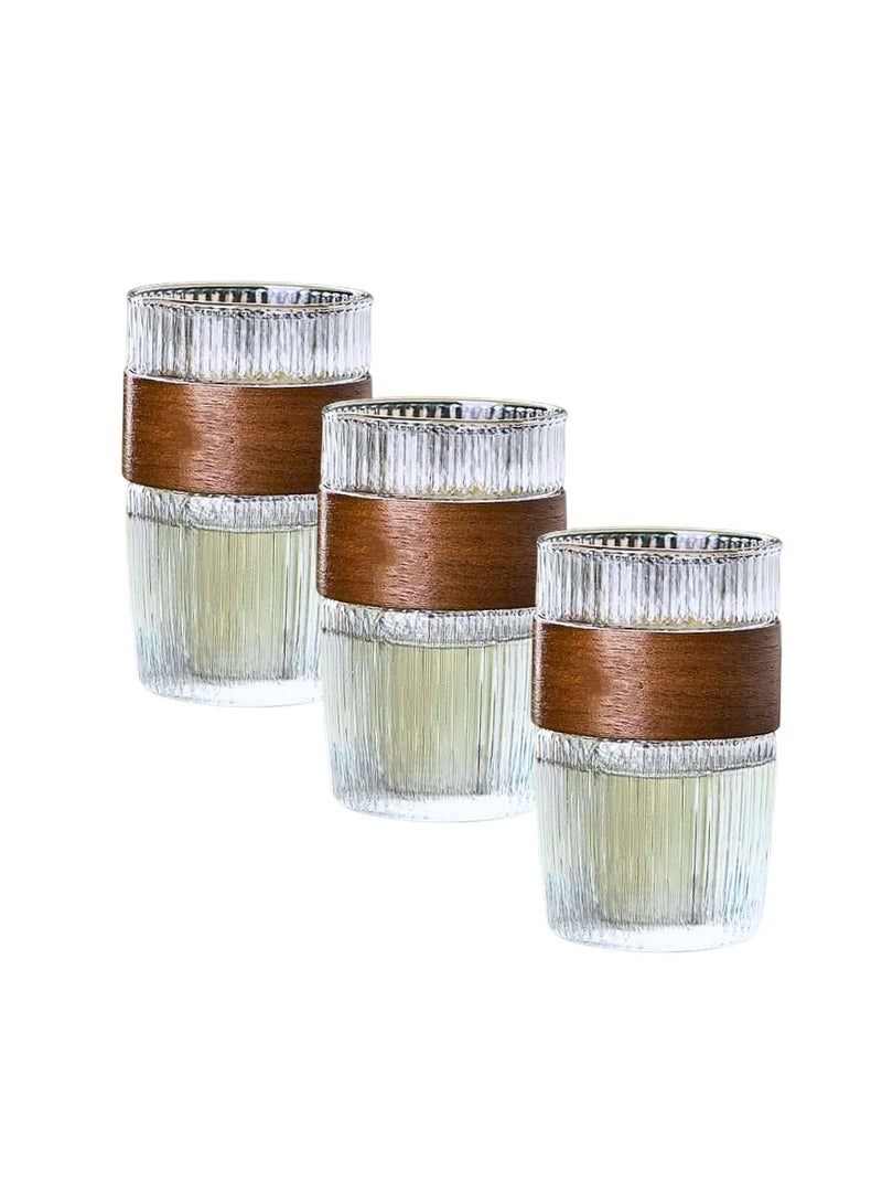 Liying 3Pcs Vintage Coffee Mug, 300ml Glass Cup, Large Wide Mouth Clear Glass Tea Cup Aesthetic Stripe Glassware for Coffee, Tea, Dessert, Beverage