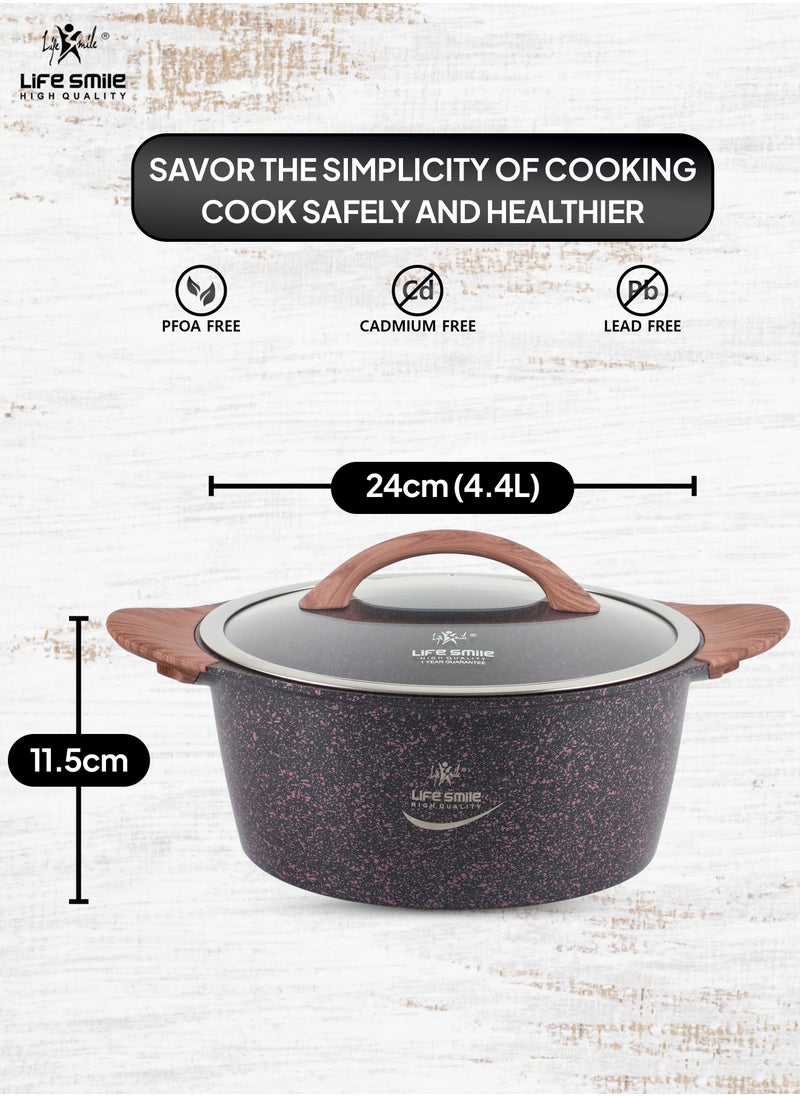 24cm (4.4 Liter) LIFE SMILE Cooking Pot | Granite Soup Pot With Glass Lid | Induction Base | Multi Layer Non-Stick Coating 100% PFOA Free | oven safe & Bakelite Handle