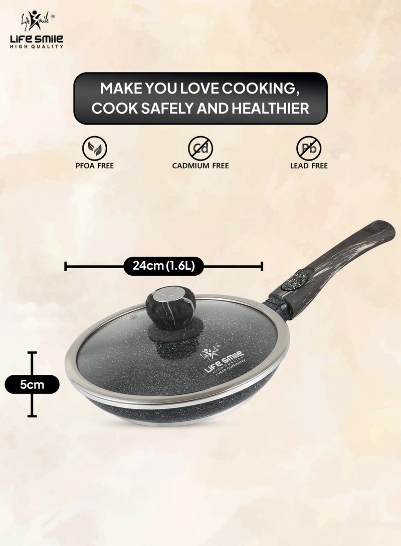 24cm Frying Pan With Lid - 5 Layer Granite Coating Fry Pan | Multiple Hob Compatibility | Heat-Resistant Handle Hanging Loop | Induction bottom