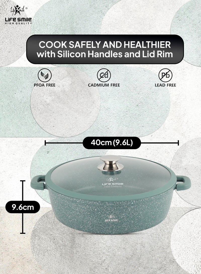 40cm (9.6 Liter) LIFE SMILE Shallow Pot - Multi Layer Non Stick Granite Coating 100% PFOA Free - Glass Lid With Silicone Rim - Detachable Silicone Handles - Oven Safe Frying Pan (Green)