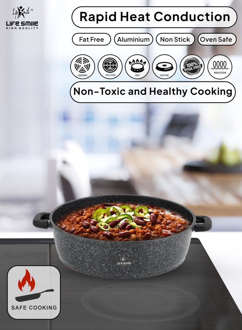 32cm (6.5 Liter) LIFE SMILE Shallow Pot - Multi Layer Non Stick Granite Coating 100% PFOA Free - Glass Lid With Silicone Rim - Detachable Silicone Handles - Oven Safe Frying Pan