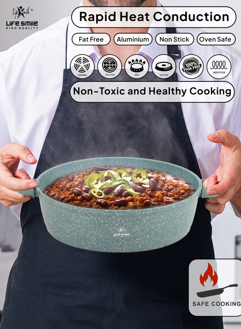 24cm (2.1 Liter) LIFE SMILE Shallow Pot - Multi Layer Non Stick Granite Coating 100% PFOA Free - Glass Lid With Silicone Rim - Detachable Silicone Handles - Oven Safe Frying Pan