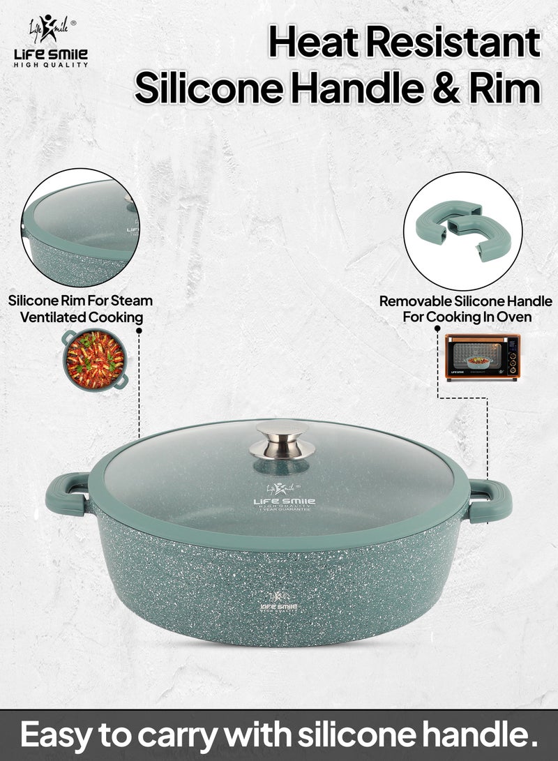 24cm (2.1 Liter) LIFE SMILE Shallow Pot - Multi Layer Non Stick Granite Coating 100% PFOA Free - Glass Lid With Silicone Rim - Detachable Silicone Handles - Oven Safe Frying Pan