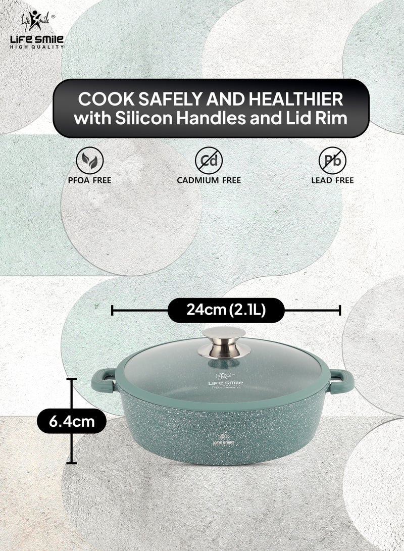 24cm (2.1 Liter) LIFE SMILE Shallow Pot - Multi Layer Non Stick Granite Coating 100% PFOA Free - Glass Lid With Silicone Rim - Detachable Silicone Handles - Oven Safe Frying Pan