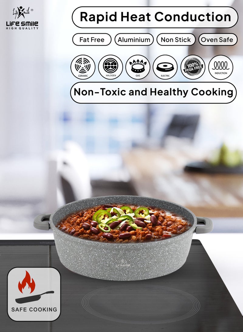 28cm (3.9 Liter) LIFE SMILE Shallow Pot - Multi Layer Non Stick Granite Coating 100% PFOA Free - Glass Lid With Silicone Rim - Detachable Silicone Handles - Oven Safe Frying Pan