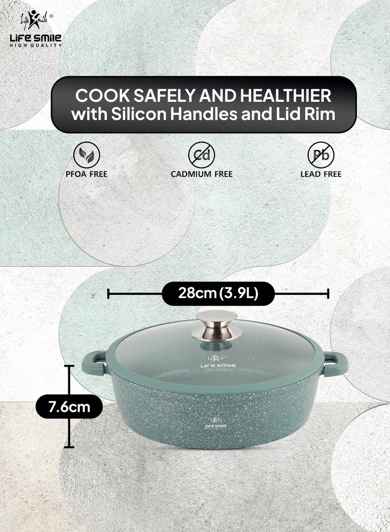 28cm (3.9 Liter) LIFE SMILE Shallow Pot - Multi Layer Non Stick Granite Coating 100% PFOA Free - Glass Lid With Silicone Rim - Detachable Silicone Handles - Oven Safe Frying Pan