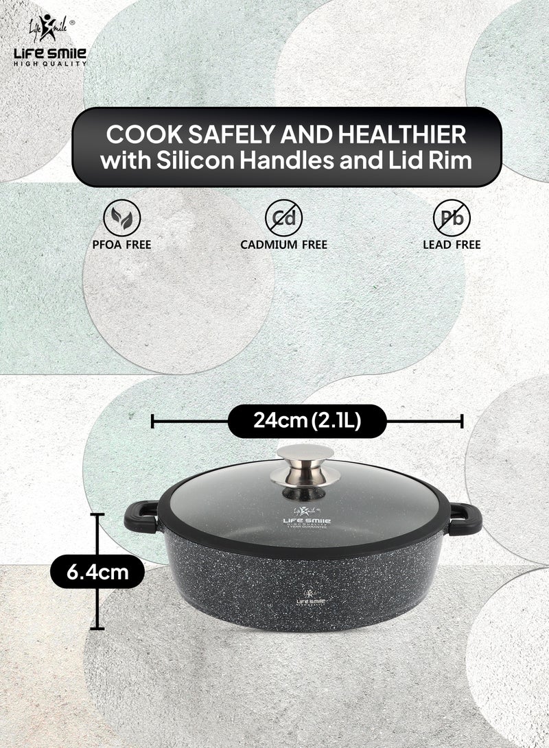 24cm (2.1 Liter) LIFE SMILE Shallow Pot - Multi Layer Non Stick Granite Coating 100% PFOA Free - Glass Lid With Silicone Rim - Detachable Silicone Handles - Oven Safe Frying Pan