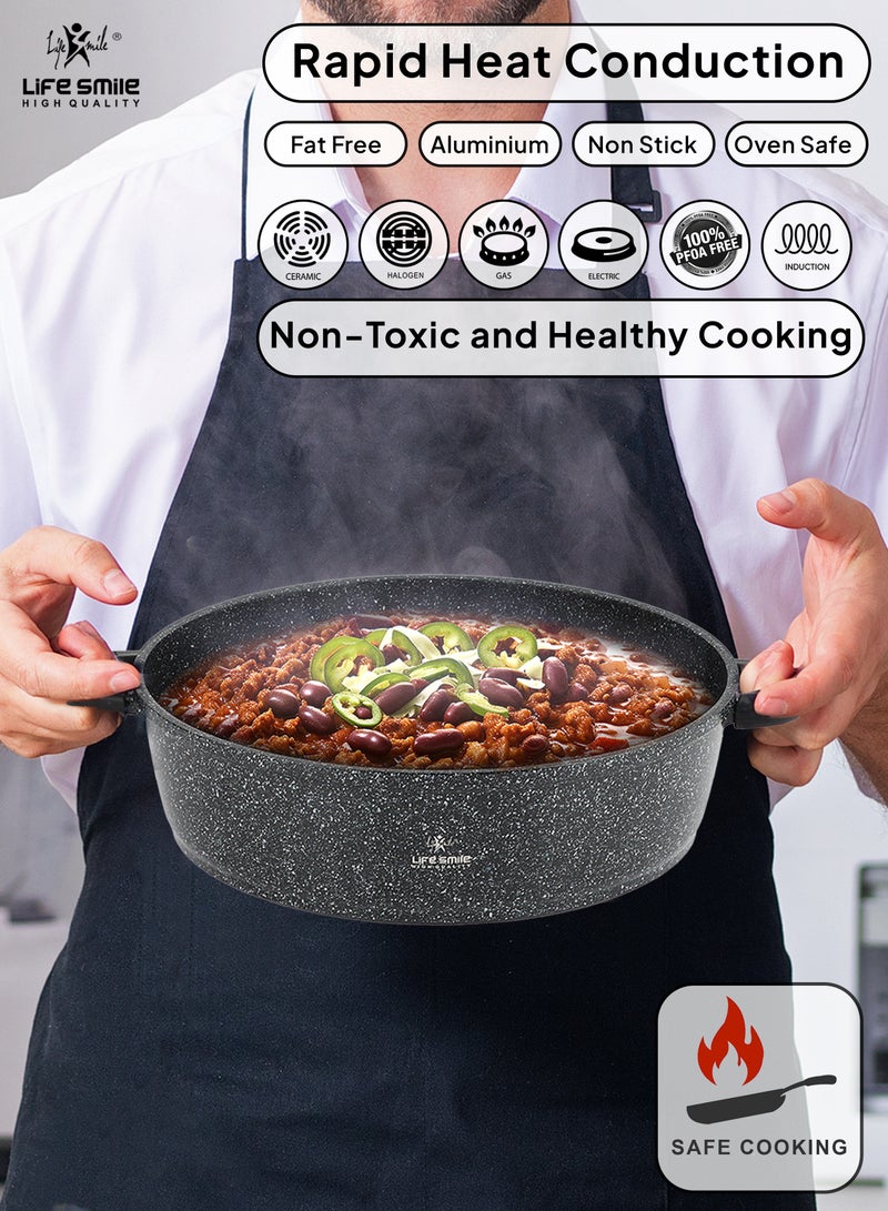 24cm (2.1 Liter) LIFE SMILE Shallow Pot - Multi Layer Non Stick Granite Coating 100% PFOA Free - Glass Lid With Silicone Rim - Detachable Silicone Handles - Oven Safe Frying Pan