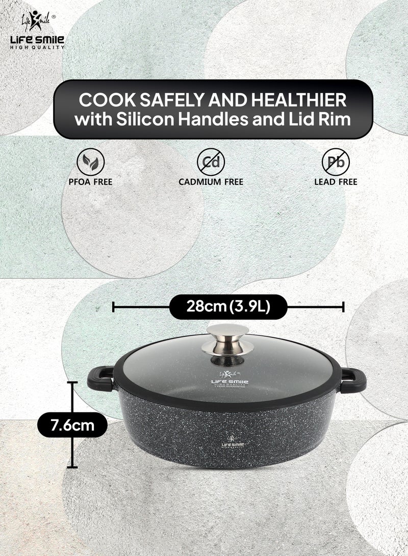 28cm (3.9 Liter) LIFE SMILE Shallow Pot - Multi Layer Non Stick Granite Coating 100% PFOA Free - Glass Lid With Silicone Rim - Detachable Silicone Handles - Oven Safe Frying Pan