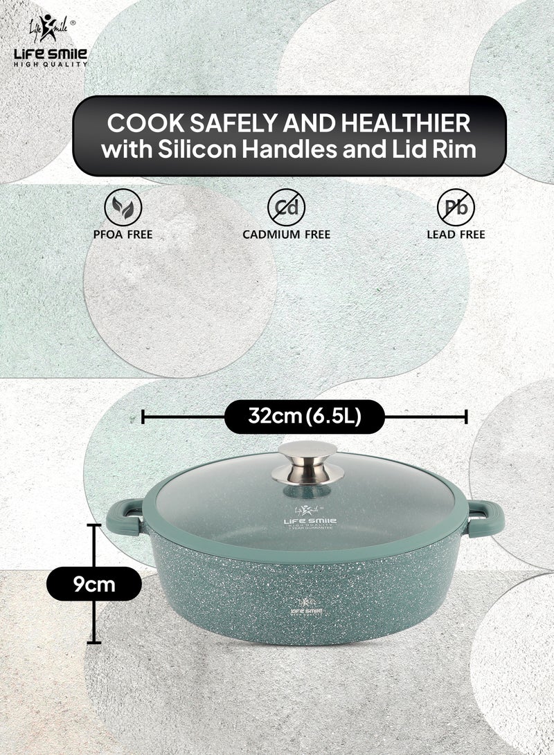 32cm (6.5 Liter)Shallow Pot with Lid | Non Stick PFOA FREE Granite Coating Frying Pan Cooking Pot | Oven Safe | Dishwasher Safe | Double Handle (Green)