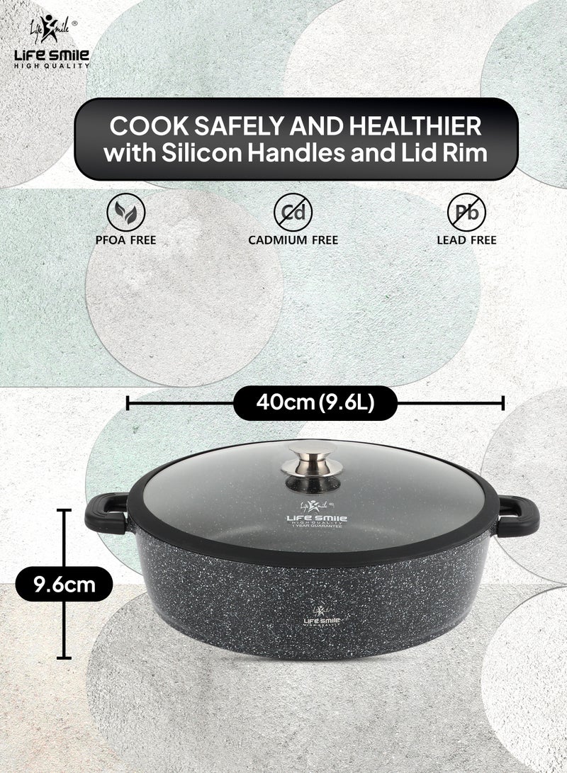 40cm (9.6 Liter) LIFE SMILE Shallow Pot - Multi Layer Non Stick Granite Coating 100% PFOA Free - Glass Lid With Silicone Rim - Detachable Silicone Handles - Oven Safe Frying Pan