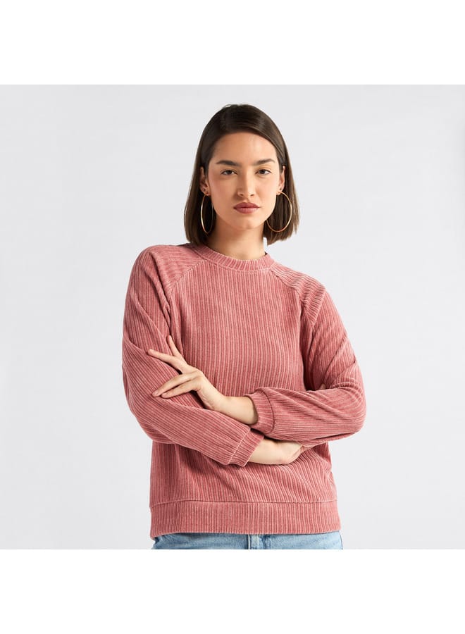 Textured Round Neck Sweatshirt with Raglan Sleeves