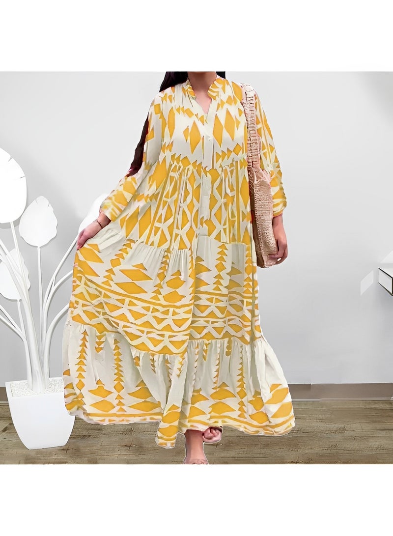 Women's Maxi Dress Flowy Bohemian Dresses Long Sleeve Cotton V-Neck Button Up Floral Print Long Dresses