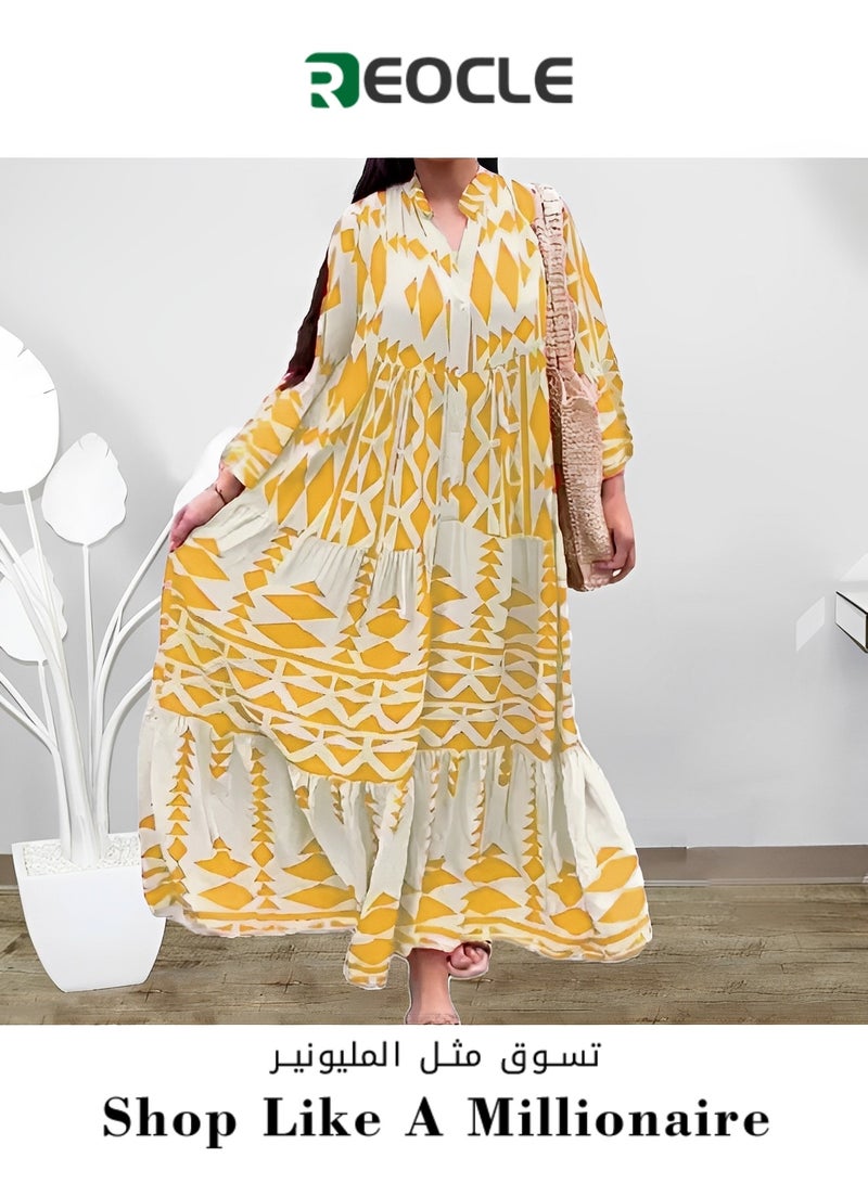 Women's Maxi Dress Flowy Bohemian Dresses Long Sleeve Cotton V-Neck Button Up Floral Print Long Dresses