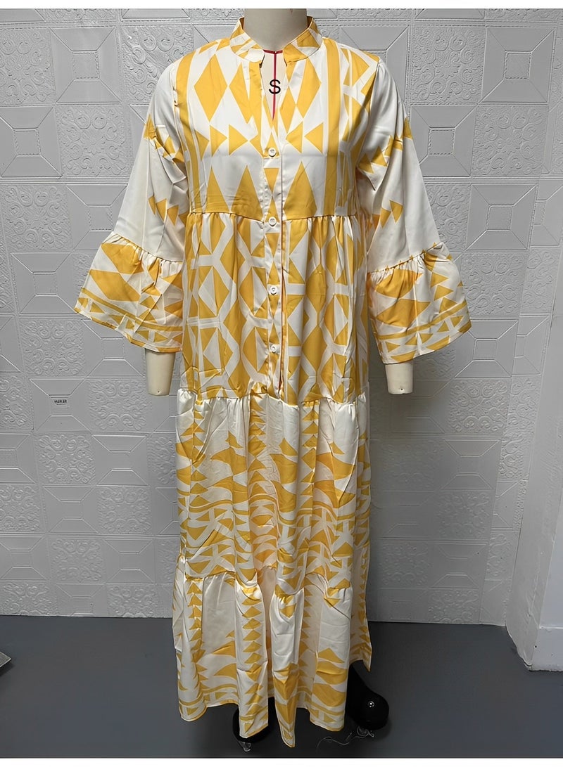 Women's Maxi Dress Flowy Bohemian Dresses Long Sleeve Cotton V-Neck Button Up Floral Print Long Dresses