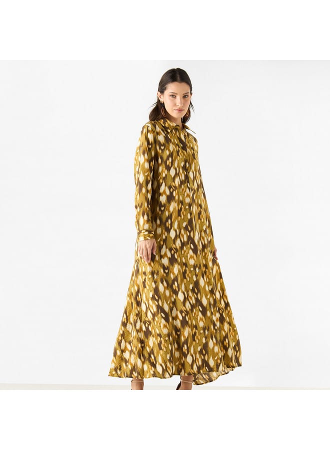 Iconic All-Over Print A-line Shirt Dress with Long Sleeves