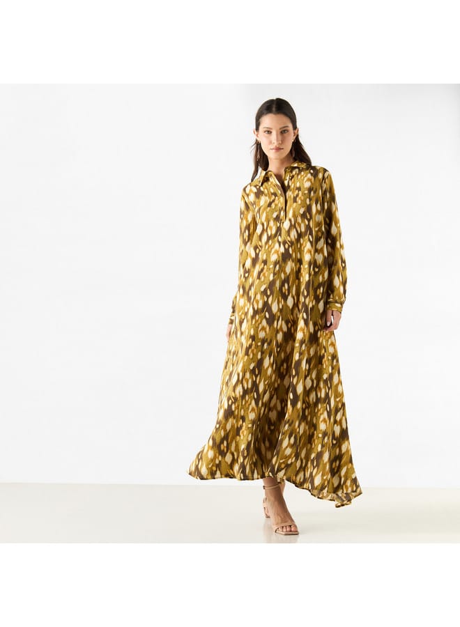 Iconic All-Over Print A-line Shirt Dress with Long Sleeves