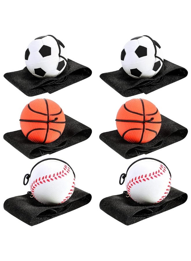 Skylety 6 Pieces Wrist Return Ball Sports Wrist Ball Includes Basketball, Baseball and Football On A String Rubber Rebound Ball Wristband Toy for Children Kids Party Favor, Exercise or Play