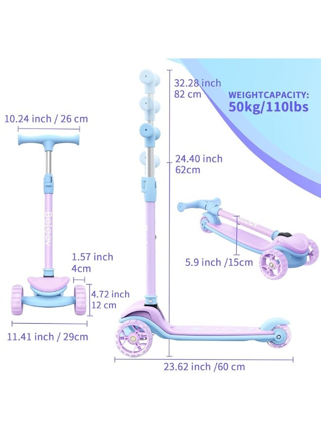 BELEEV A8 Scooter for Kids Ages 3-12, 3 Wheel Folding Scooter for Toddlers Girls Boys, LED Light-Up Wheels, 4 Adjustable Height, Lean to Steer, Extra Wide Wheels, Three Wheel Kick Scooter for Children