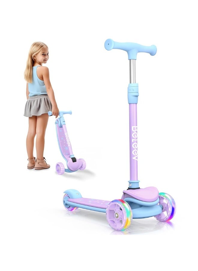 BELEEV A8 Scooter for Kids Ages 3-12, 3 Wheel Folding Scooter for Toddlers Girls Boys, LED Light-Up Wheels, 4 Adjustable Height, Lean to Steer, Extra Wide Wheels, Three Wheel Kick Scooter for Children
