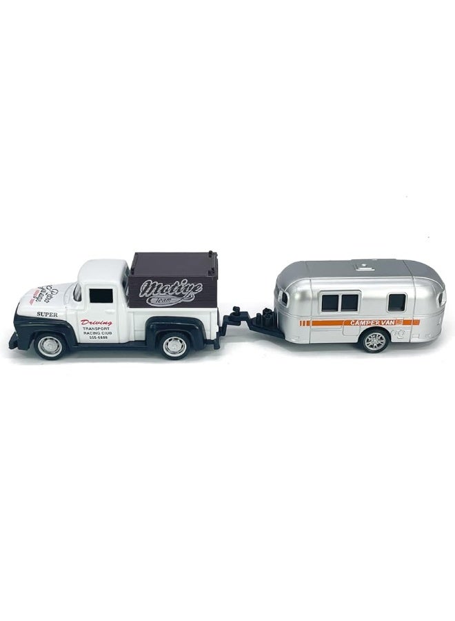 Vintage Pickup Truck Trailer Towing Toy Camper RV Motorhome Toys for Boys Diecast Model Car Metal Pull Back Toy Cars, 3 4 5 6 7 Year Old Toddler Kids Birthday Gifts Cake Topper Home Office DÃ©cor white