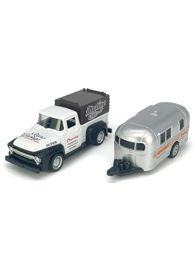 Vintage Pickup Truck Trailer Towing Toy Camper RV Motorhome Toys for Boys Diecast Model Car Metal Pull Back Toy Cars, 3 4 5 6 7 Year Old Toddler Kids Birthday Gifts Cake Topper Home Office DÃ©cor white