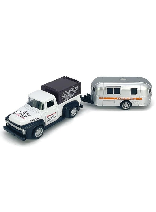 Vintage Pickup Truck Trailer Towing Toy Camper RV Motorhome Toys for Boys Diecast Model Car Metal Pull Back Toy Cars, 3 4 5 6 7 Year Old Toddler Kids Birthday Gifts Cake Topper Home Office DÃ©cor white