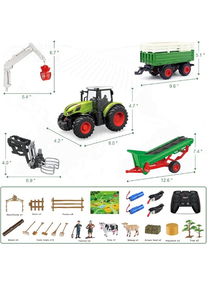 fisca Kids Tractor Toy Farm Playset Remote Control Tractor, 2.4Ghz RC Tractor with Trailer and Conveyor, 45PCS Farm Toys Set with Farm Animals Figurines Fences Farmers for Kids Age 3 4 5 6 Years Old