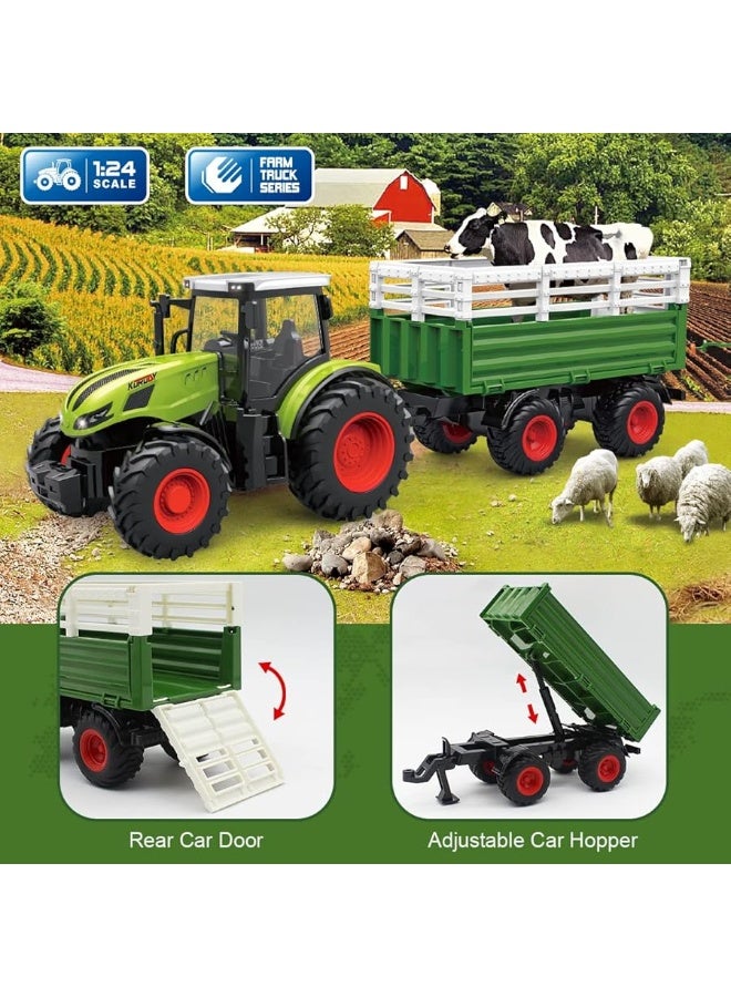 fisca Kids Tractor Toy Farm Playset Remote Control Tractor, 2.4Ghz RC Tractor with Trailer and Conveyor, 45PCS Farm Toys Set with Farm Animals Figurines Fences Farmers for Kids Age 3 4 5 6 Years Old