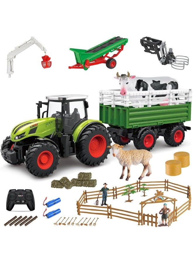 fisca Kids Tractor Toy Farm Playset Remote Control Tractor, 2.4Ghz RC Tractor with Trailer and Conveyor, 45PCS Farm Toys Set with Farm Animals Figurines Fences Farmers for Kids Age 3 4 5 6 Years Old