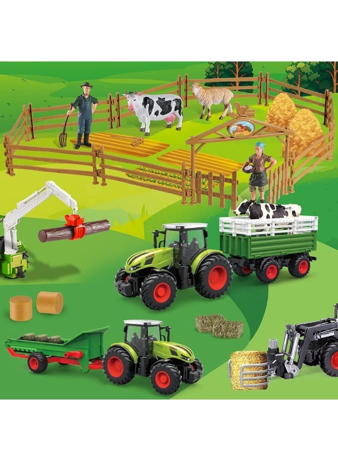 fisca Kids Tractor Toy Farm Playset Remote Control Tractor, 2.4Ghz RC Tractor with Trailer and Conveyor, 45PCS Farm Toys Set with Farm Animals Figurines Fences Farmers for Kids Age 3 4 5 6 Years Old