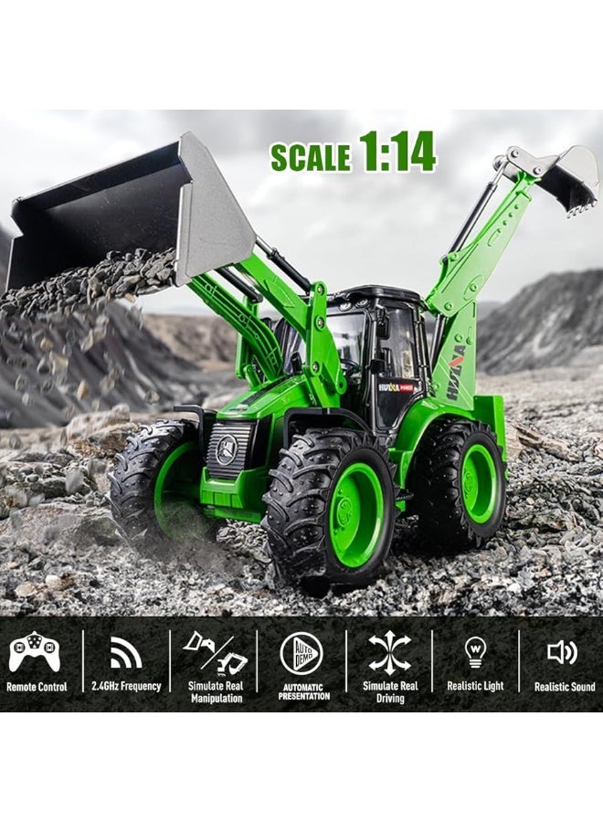 fisca Remote Control Front Loader RC Backhoe Excavator, 1/14 Scale 2.4Ghz RC Construction Vehicle 9 Channel Full Functional Toy with Sounds & Lights for Kids Age 8 9 10 11 12 Year Old