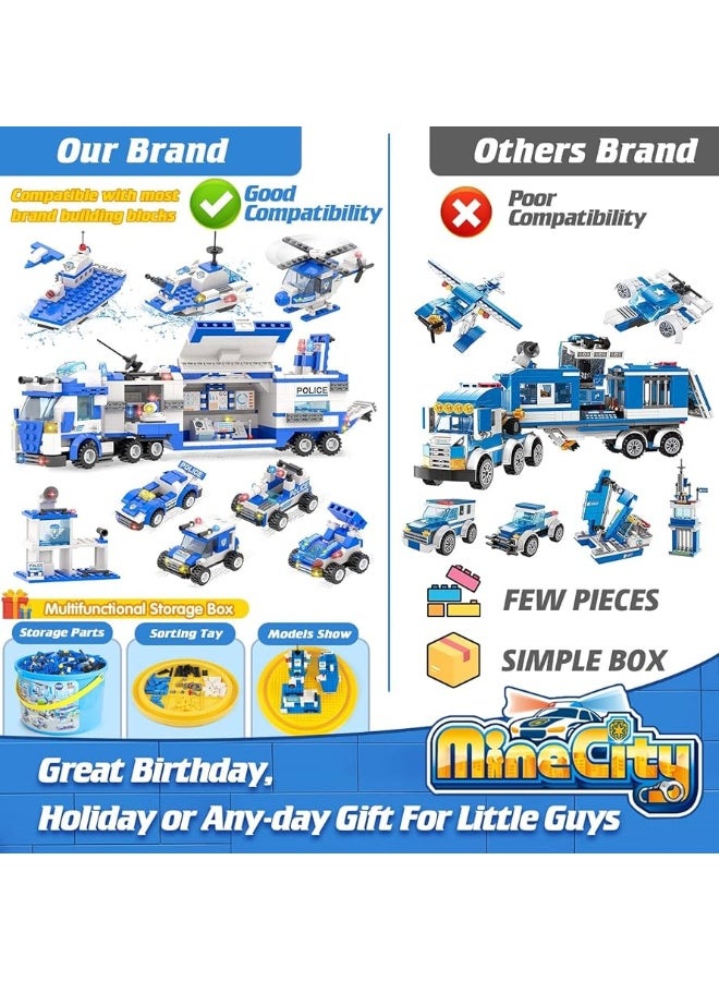 WishaLife City Police Mobile Command Center Truck Building Toy, W/Police Car, Airplane, Boat, Gifts for 6 Plus Year Old Kids, Boys, Girls (1338 PCS)