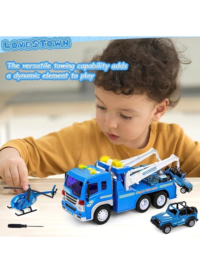 LovesTown 5PCS Blue Truck Toy Set, Tow Truck with Lights and Sounds and Small Die-cast Toy Trucks Police Wrecker Truck Set for Kids Birthday Present