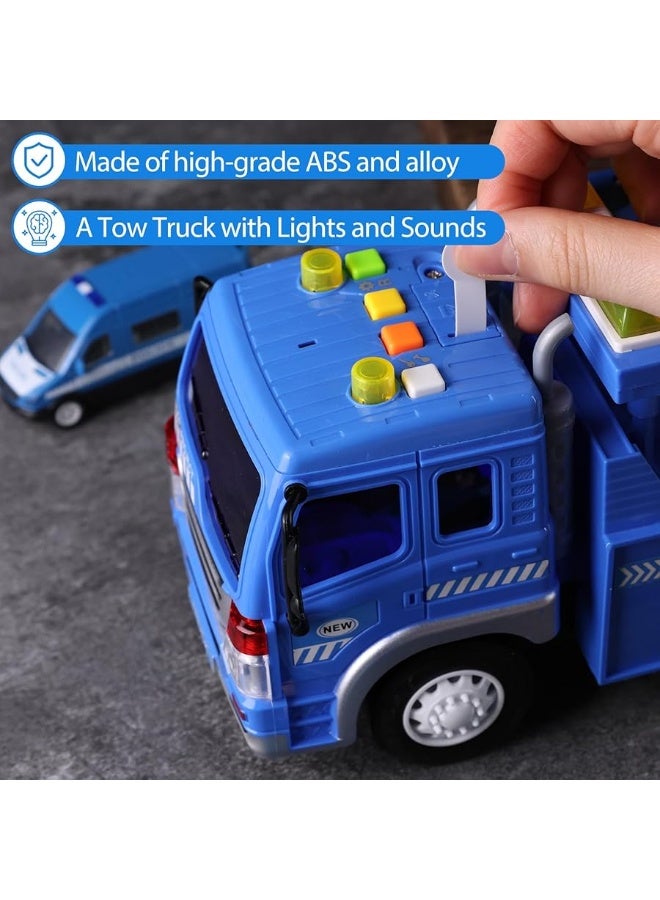 LovesTown 5PCS Blue Truck Toy Set, Tow Truck with Lights and Sounds and Small Die-cast Toy Trucks Police Wrecker Truck Set for Kids Birthday Present