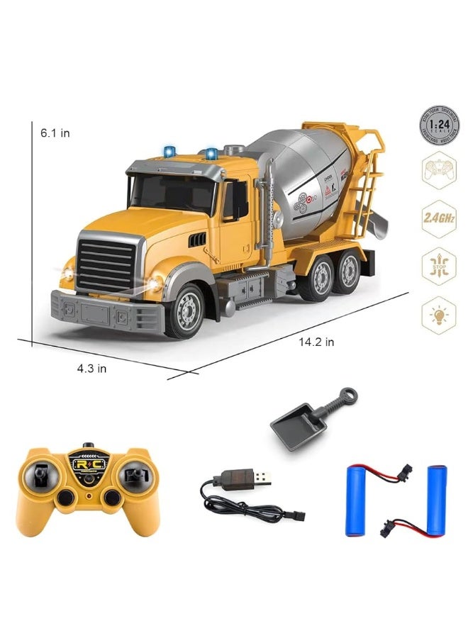 Fistone RC Cement Mixer Construction Toys, 6 Channel Construction Truck Toys with Lights, 1:24 Electric 360 Degree Stirring Construction Vehicles, Rechargeable Cement Truck Toys for Kids