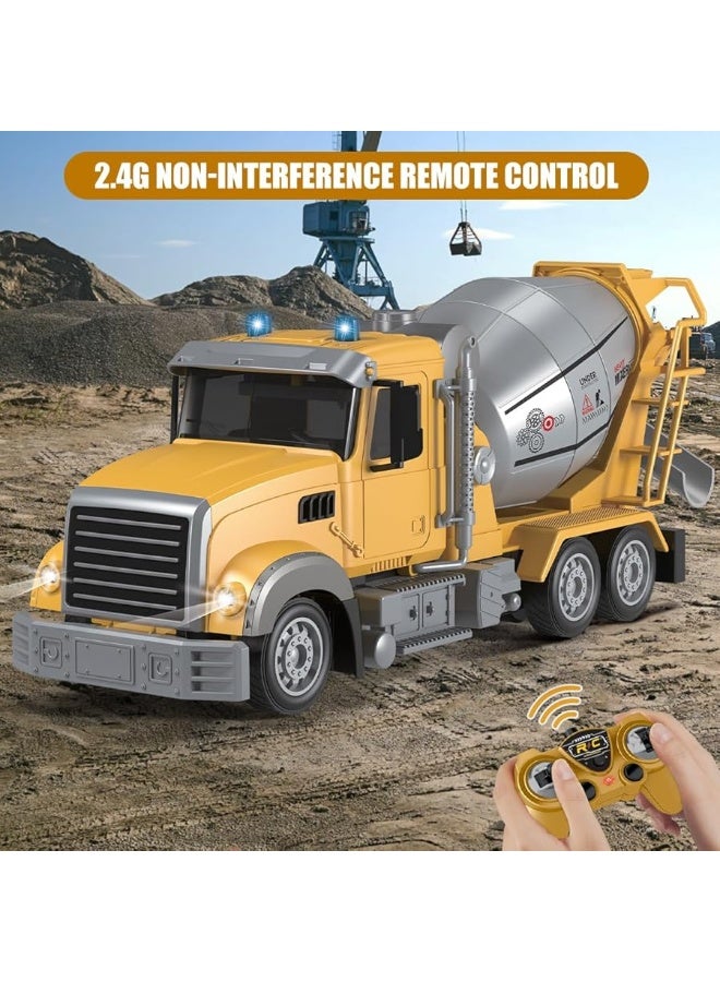 Fistone RC Cement Mixer Construction Toys, 6 Channel Construction Truck Toys with Lights, 1:24 Electric 360 Degree Stirring Construction Vehicles, Rechargeable Cement Truck Toys for Kids