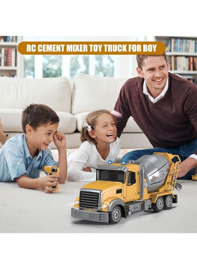 Fistone RC Cement Mixer Construction Toys, 6 Channel Construction Truck Toys with Lights, 1:24 Electric 360 Degree Stirring Construction Vehicles, Rechargeable Cement Truck Toys for Kids