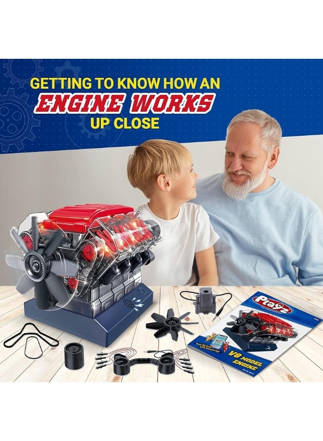 Playz V8 Combustion Engine Model Kit That Runs - Build Your Own STEM Mini V8 Model Engine Kit for Adults & Kids Age 12+, Visible V8 Mini Engine Kit That Works for Adult w/ 270 STEM Parts