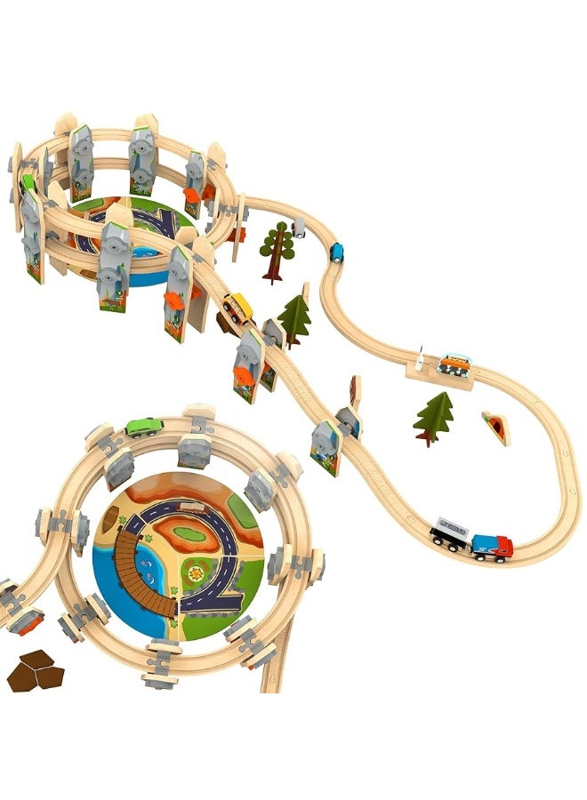 141 Pcs National Park Spiral Wooden Train Set STEAM STEM Multi-Level Compatible with Brio, Thomas Wooden Railway