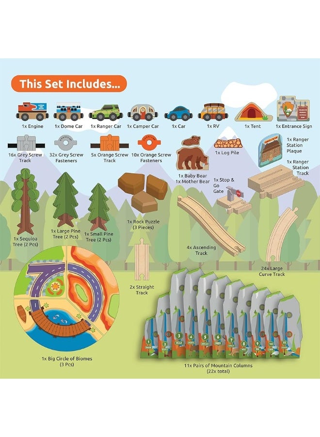 141 Pcs National Park Spiral Wooden Train Set STEAM STEM Multi-Level Compatible with Brio, Thomas Wooden Railway