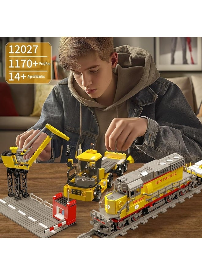 Mould King 12027 Diesel Locomotive Train Building Sets with a Semi-Trailers, Cranes, Remote/App Control Engineering Toy Kit, SD40-2 Scale Model with Train Tracks for Adults Kids (1170 Pieces)