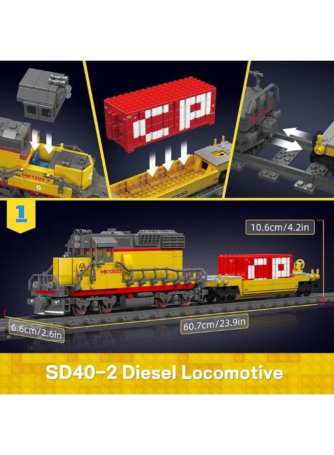 Mould King 12027 Diesel Locomotive Train Building Sets with a Semi-Trailers, Cranes, Remote/App Control Engineering Toy Kit, SD40-2 Scale Model with Train Tracks for Adults Kids (1170 Pieces)