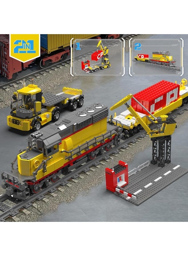 Mould King 12027 Diesel Locomotive Train Building Sets with a Semi-Trailers, Cranes, Remote/App Control Engineering Toy Kit, SD40-2 Scale Model with Train Tracks for Adults Kids (1170 Pieces)