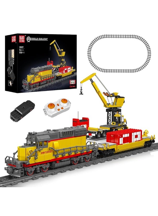 Mould King 12027 Diesel Locomotive Train Building Sets with a Semi-Trailers, Cranes, Remote/App Control Engineering Toy Kit, SD40-2 Scale Model with Train Tracks for Adults Kids (1170 Pieces)