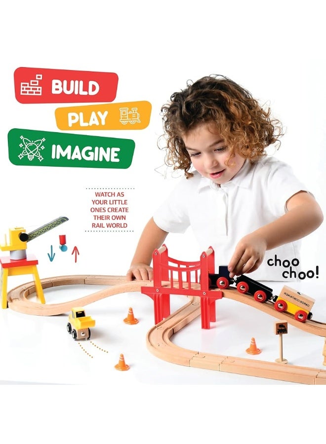 Wooden Train Set Toddler Toys - 38 Pcs Wood Train Track Set for Toddlers 2-4 Years with Crane, Bridge & Accessories - Compatible with All Major Brands