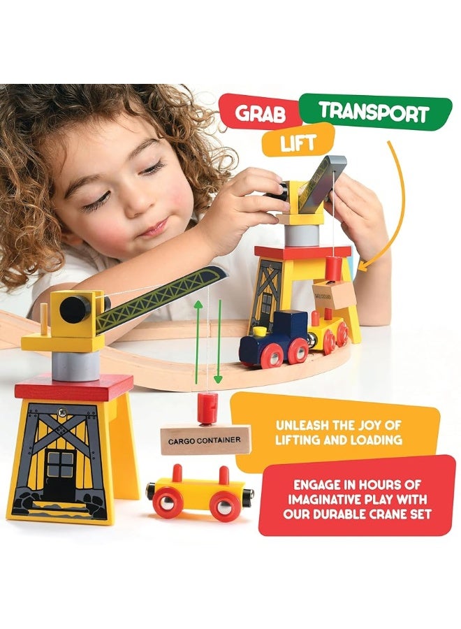 Wooden Train Set Toddler Toys - 38 Pcs Wood Train Track Set for Toddlers 2-4 Years with Crane, Bridge & Accessories - Compatible with All Major Brands