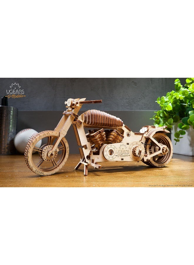 UGEARS Bike DIY Kit â€“ Wooden Mechanical Motorcycle Project â€“ Bike VM-02 Rubber Band Engine â€“ for Vehicle Passionate and Bikers â€“ Plywood Model with Wide Back Wheel â€“ Refined Gift Idea